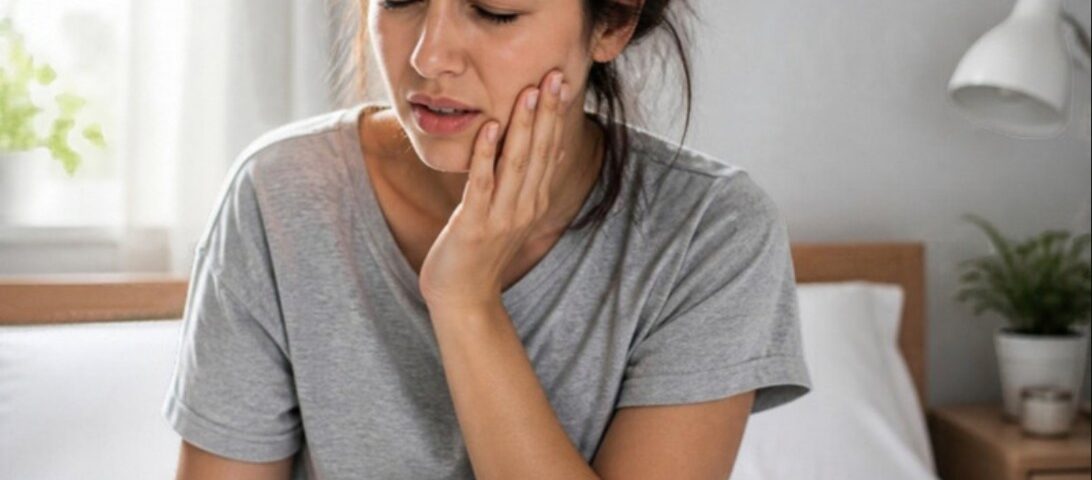 Mujer con dolor de mandíbula al despertar por bruxismo en Carabanchel