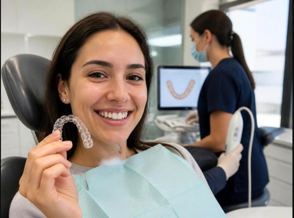 Paciente sonriendo con alineador Invisalign en la Clínica Dental Socol de Carabanchel